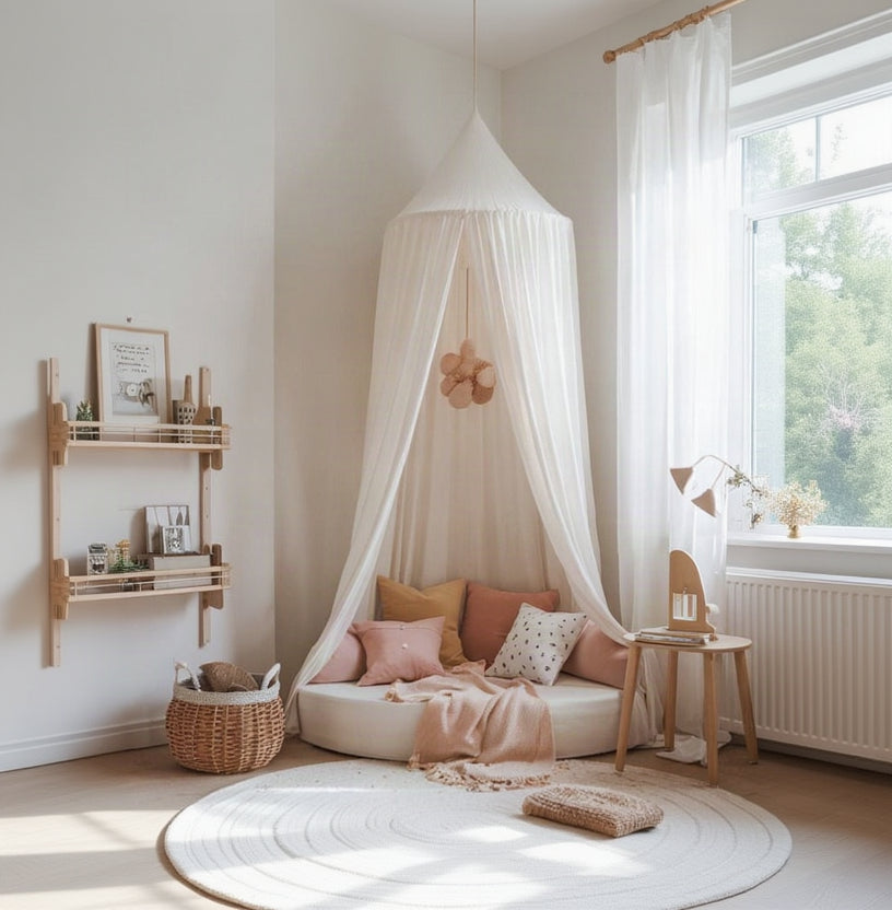 Children's bedroom with a canopy over a bed, soft lighting, and decorative elements.