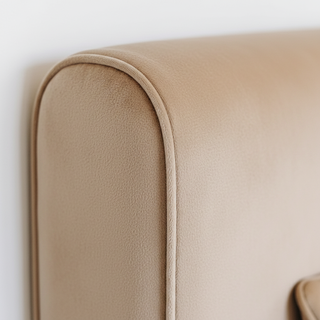 Close-up of a beige upholstered headboard corner on a white background