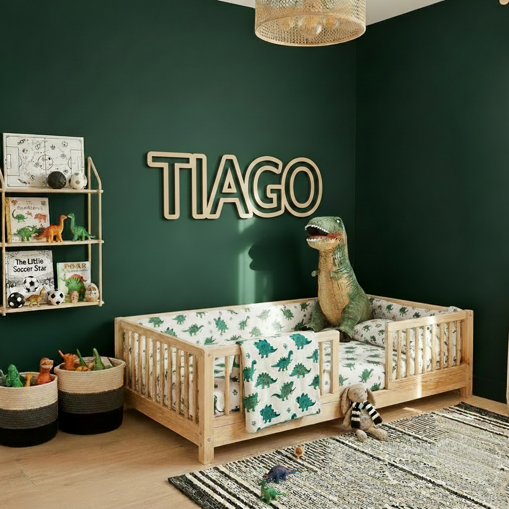 Boys dinosaur theme room with wooden Montessori floor bed