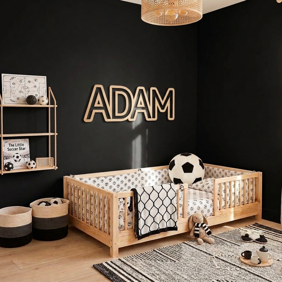 Boys black an white soccer theme room with wooden floor bed frame