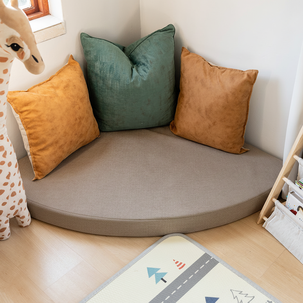 Round cushion with colorful pillows on a wooden floor, next to a child's toy and rug.