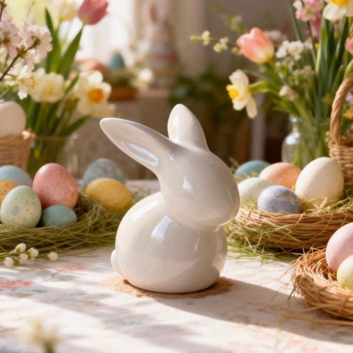 White cream ceramic bunny surrounded by Easter eggs and flowers on a table.