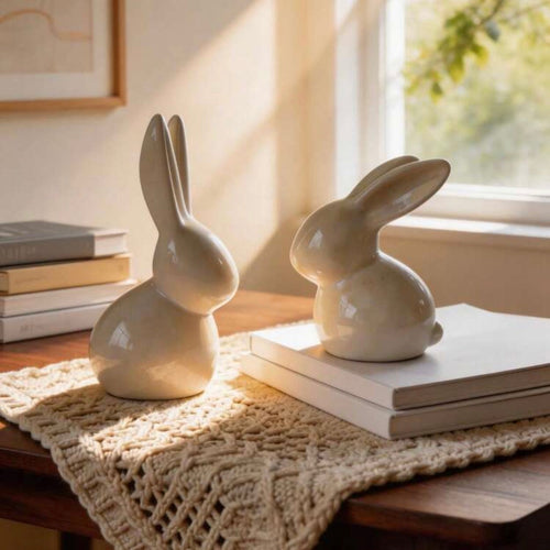Two ceramic rabbit sculptures on a wooden surface with a window in the background