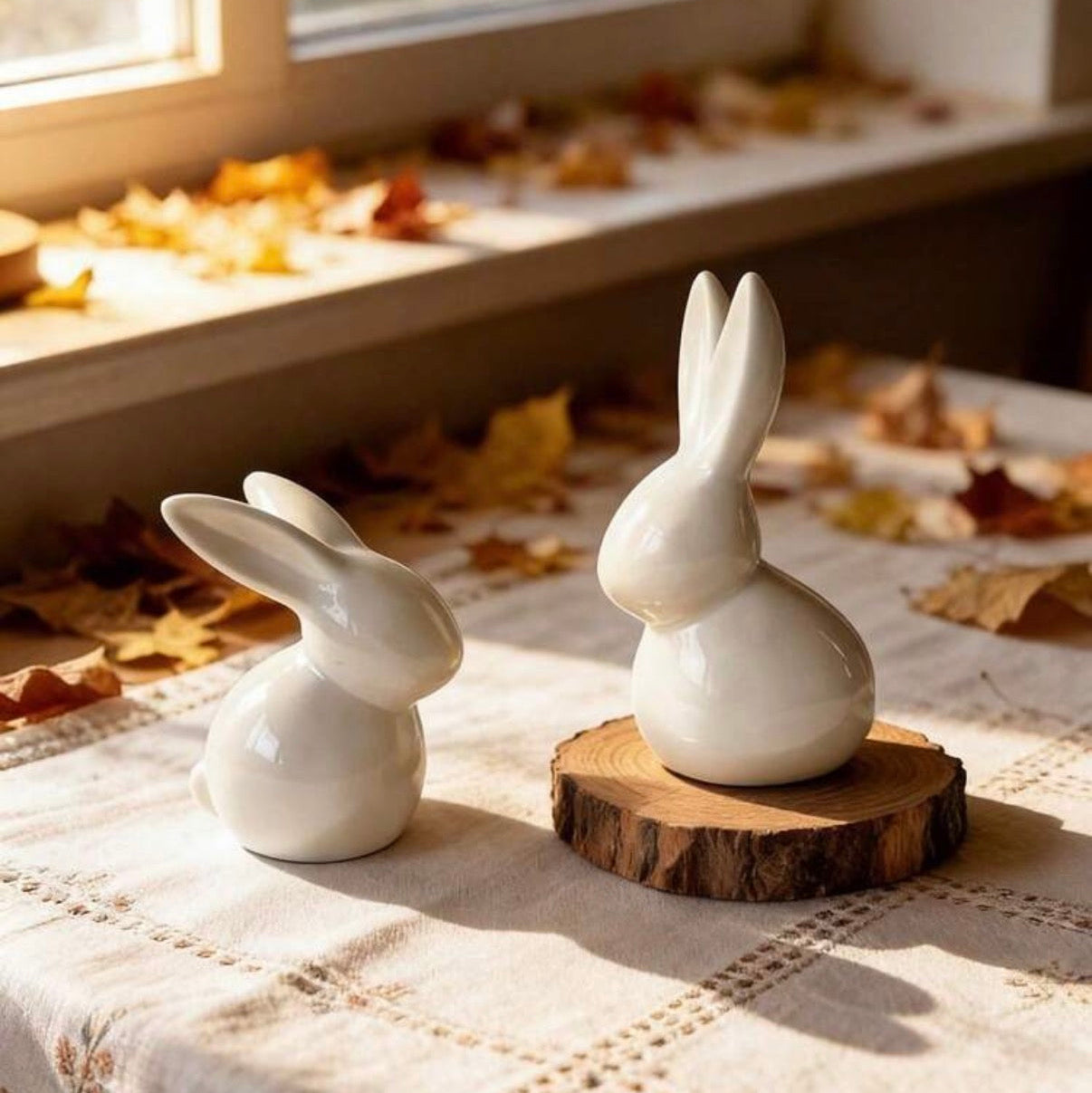 Two white ceramic rabbit figurines on a wooden stand with a window and autumn leaves in the background.