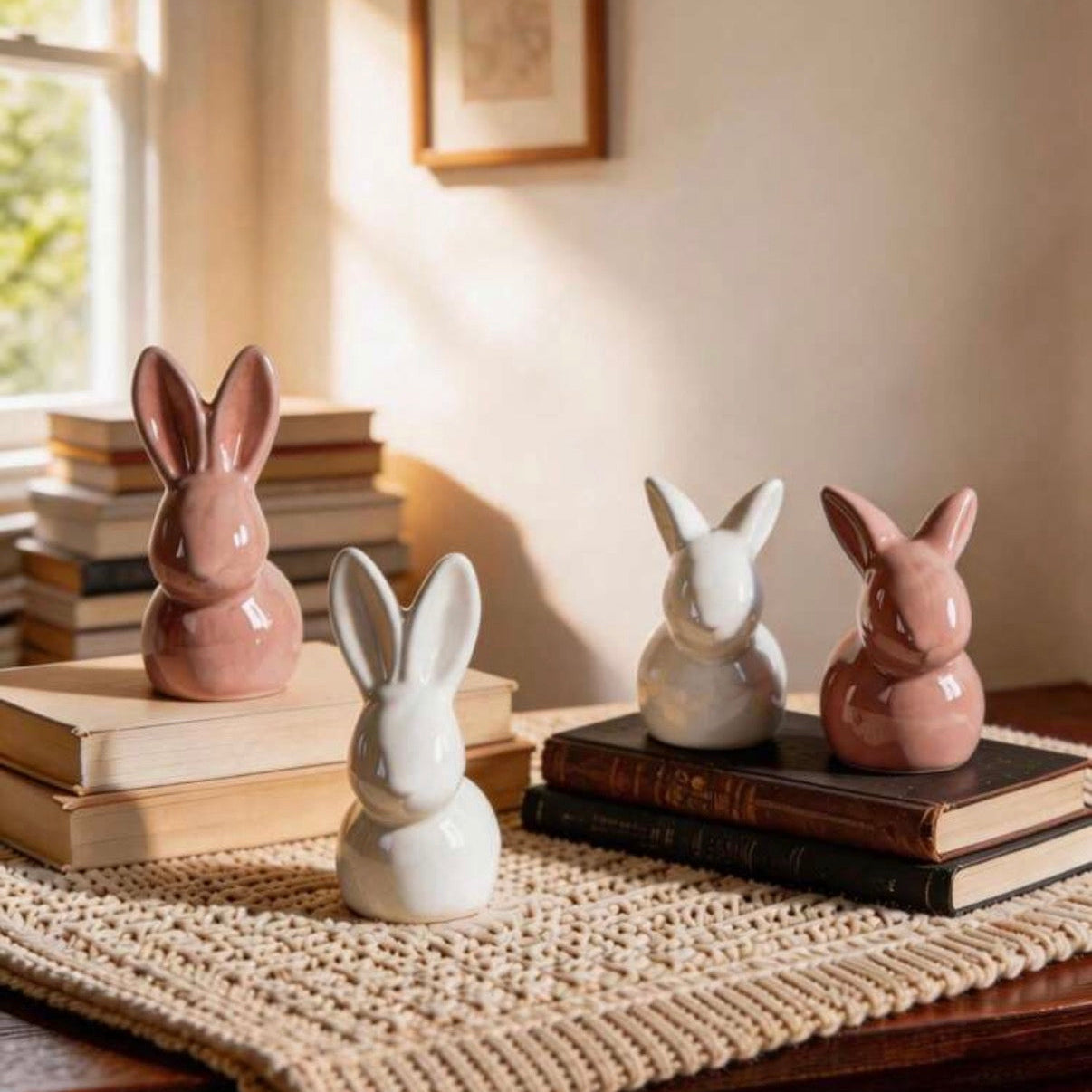 Decorative rabbit figurines on books with a warm, homey setting.