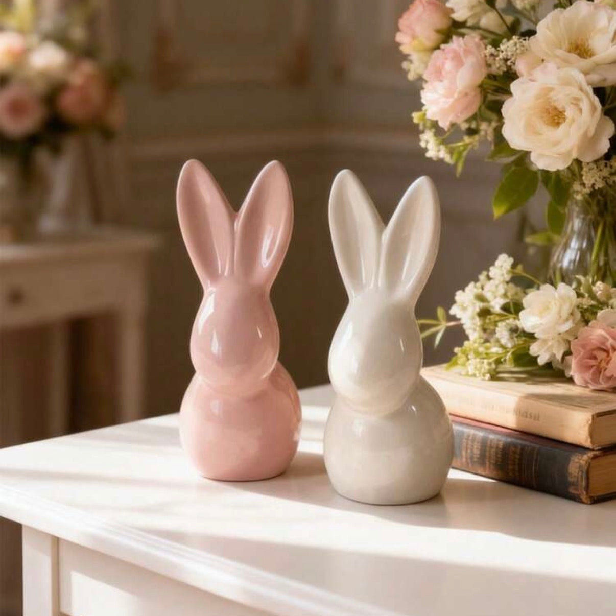 Two ceramic rabbit figurines on a white table with floral arrangements in the background.