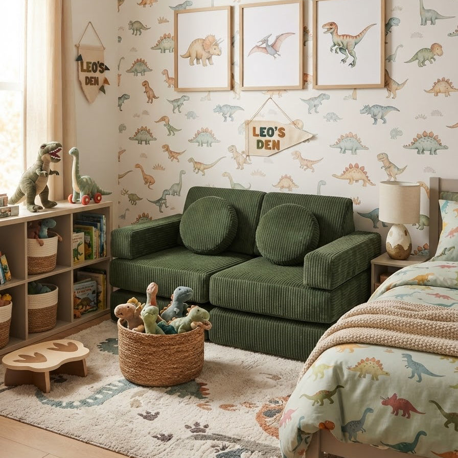 A styled children's bedroom featuring dinosaur-themed wallpaper, a green corduroy sofa, a matching dinosaur-print bedspread, and a patterned area rug on a light wood floor.
