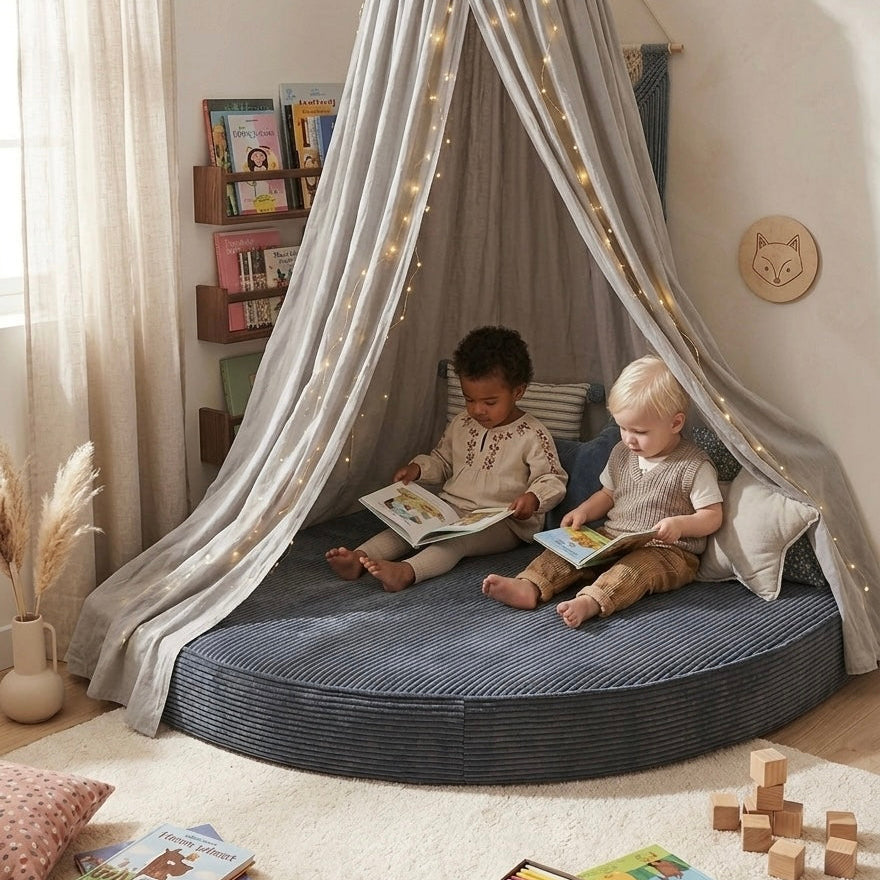 Two children reading books under a canopy in a cozy room.