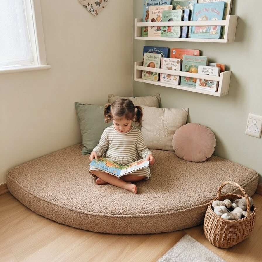 A young child sits cross-legged on a round, low-profile beige floor cushion in a cozy room corner, reading a book. The cushion is styled with neutral-toned pillows, next to a woven basket of stuffed toys, with light wood bookshelves holding children's books on the wall above.