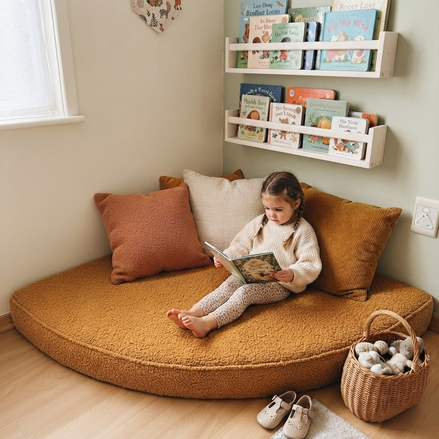 A young girl sits barefoot on a round, mustard-yellow textured floor cushion in a cozy room corner, reading a book. The cushion is styled with rust and cream pillows, next to a woven basket of stuffed toys and a pair of baby shoes.