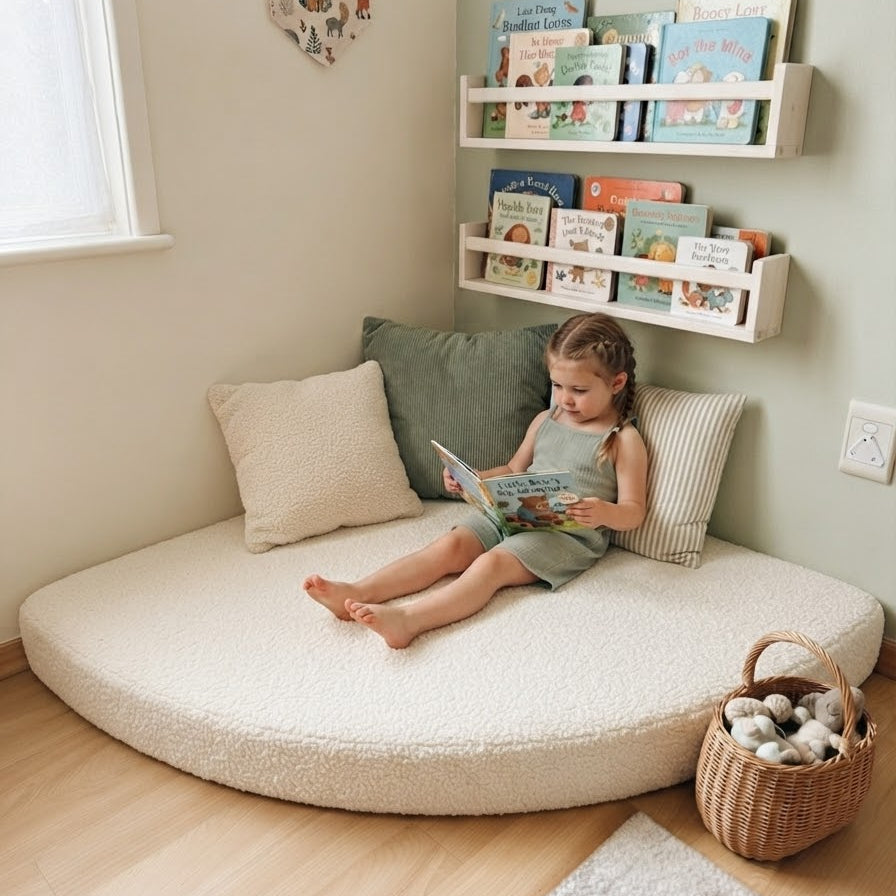 A young child sits on a round, low-profile cream boucle floor cushion in a cozy, sunlit children's room corner. The cushion is styled with neutral throw pillows, next to a woven basket of stuffed animals and a wall-mounted floating bookshelf filled with children's books.