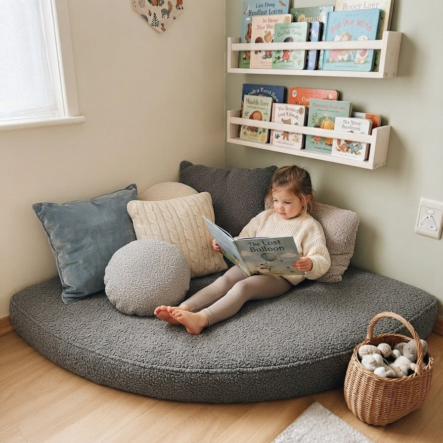 A young child sits barefoot on a round, low-profile textured gray floor cushion in a cozy room corner, reading a book. The cushion is styled with blue, cream, and gray pillows.