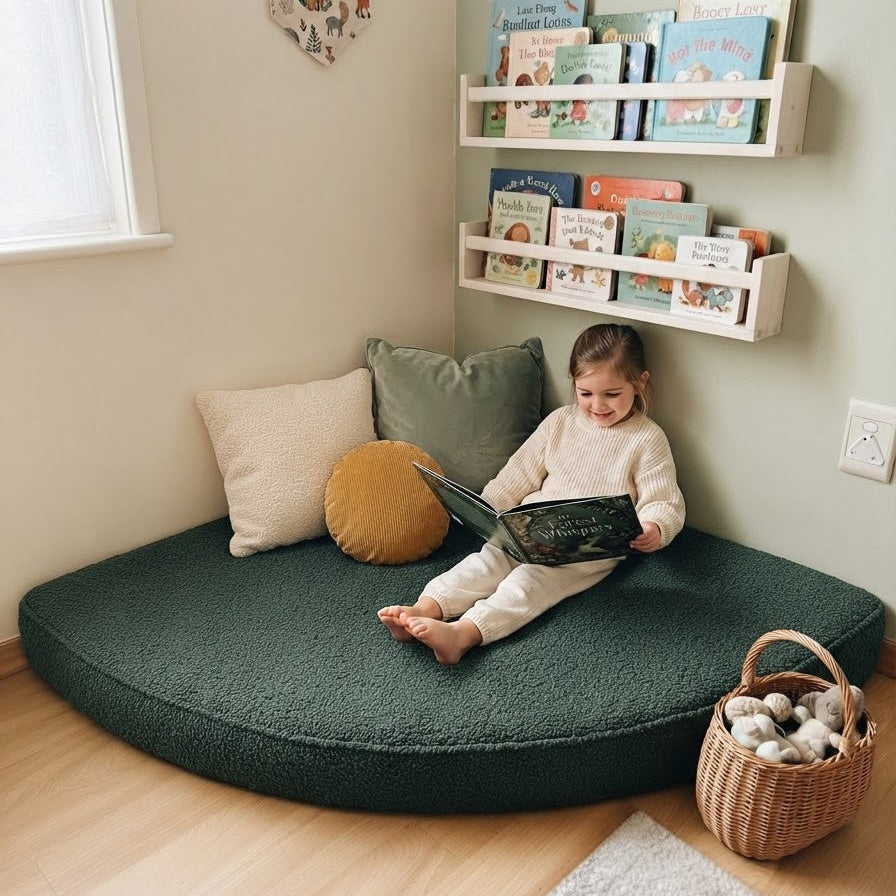 A child sits on a large round dark green floor cushion in a cozy room corner with pillows, book shelves, and a basket on a light wood floor.