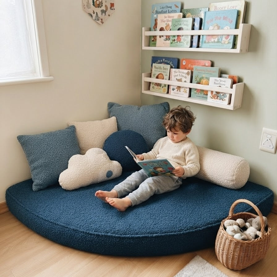 A child sits on a round, low-profile blue sheepskin floor cushion in a cozy room corner with pillows, a bookshelf, and a basket.