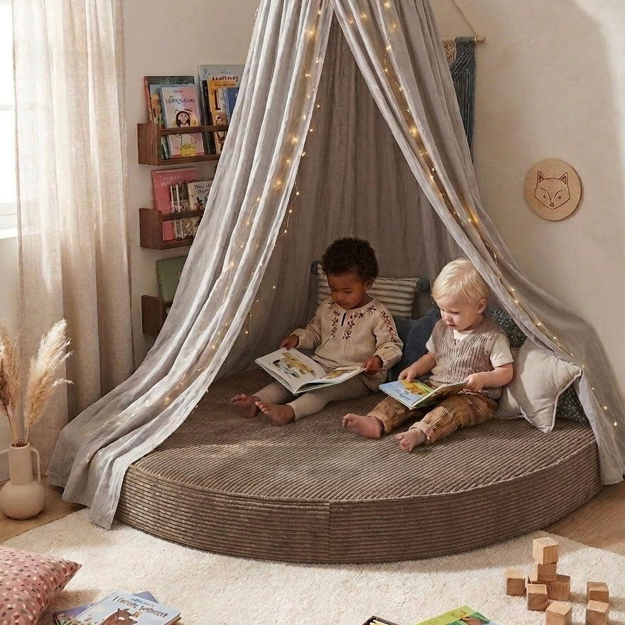 Two children reading books under a canopy in a cozy room with toys and books around.