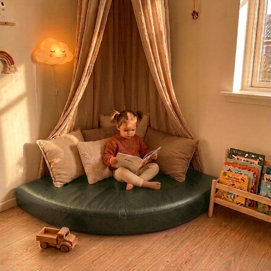 Child reading a book on a circular cushioned seat with a canopy in a cozy room.