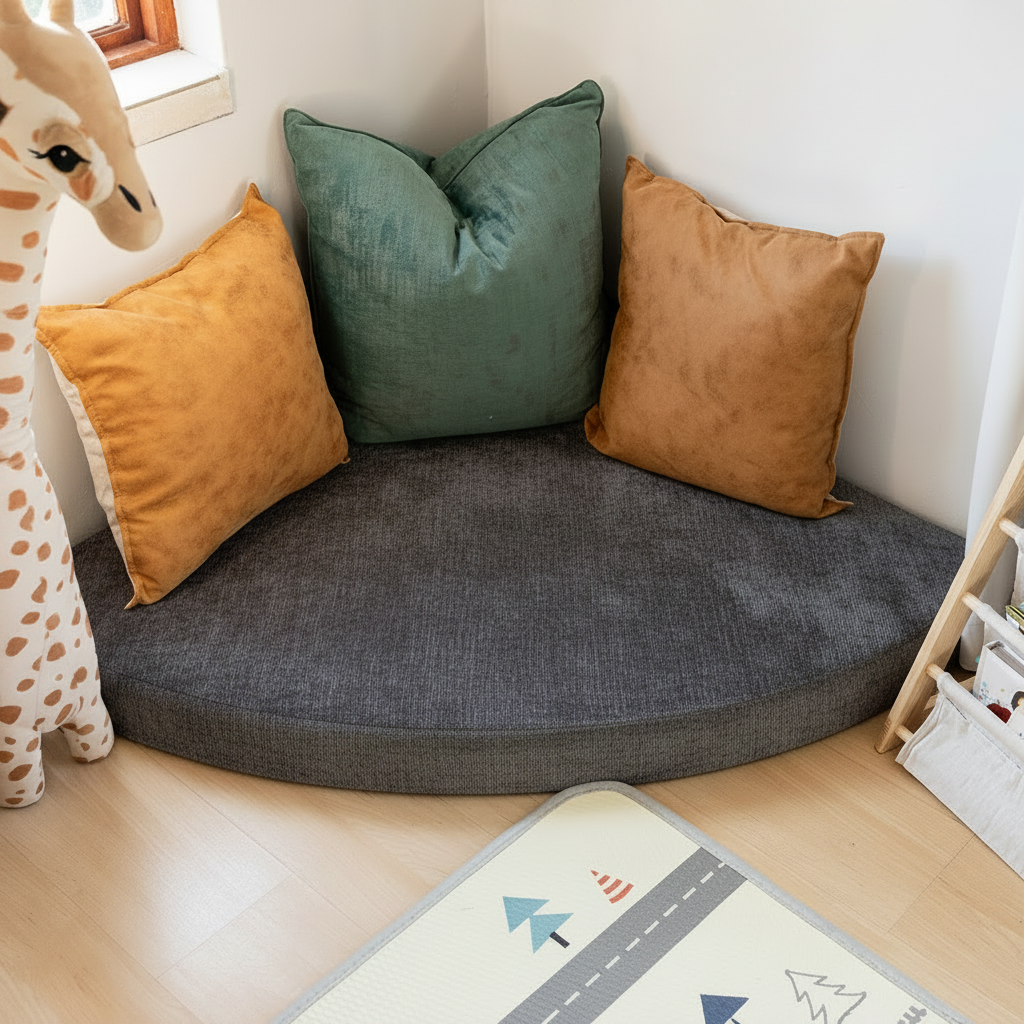 Round cushion with colorful pillows on a wooden floor, next to a child's toy and rug.