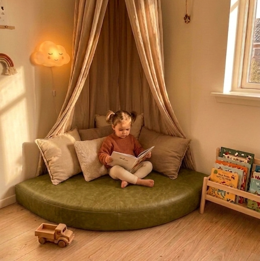 Child reading a book on a round green cushioned seat with beige curtains in a cozy room.