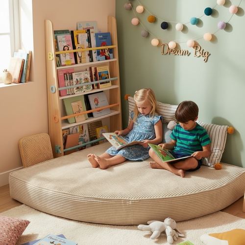Kids reading on a corduroy corner cushion in a room 