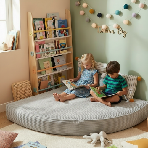 Kids reading on a grey corduroy corner cushion in a room 