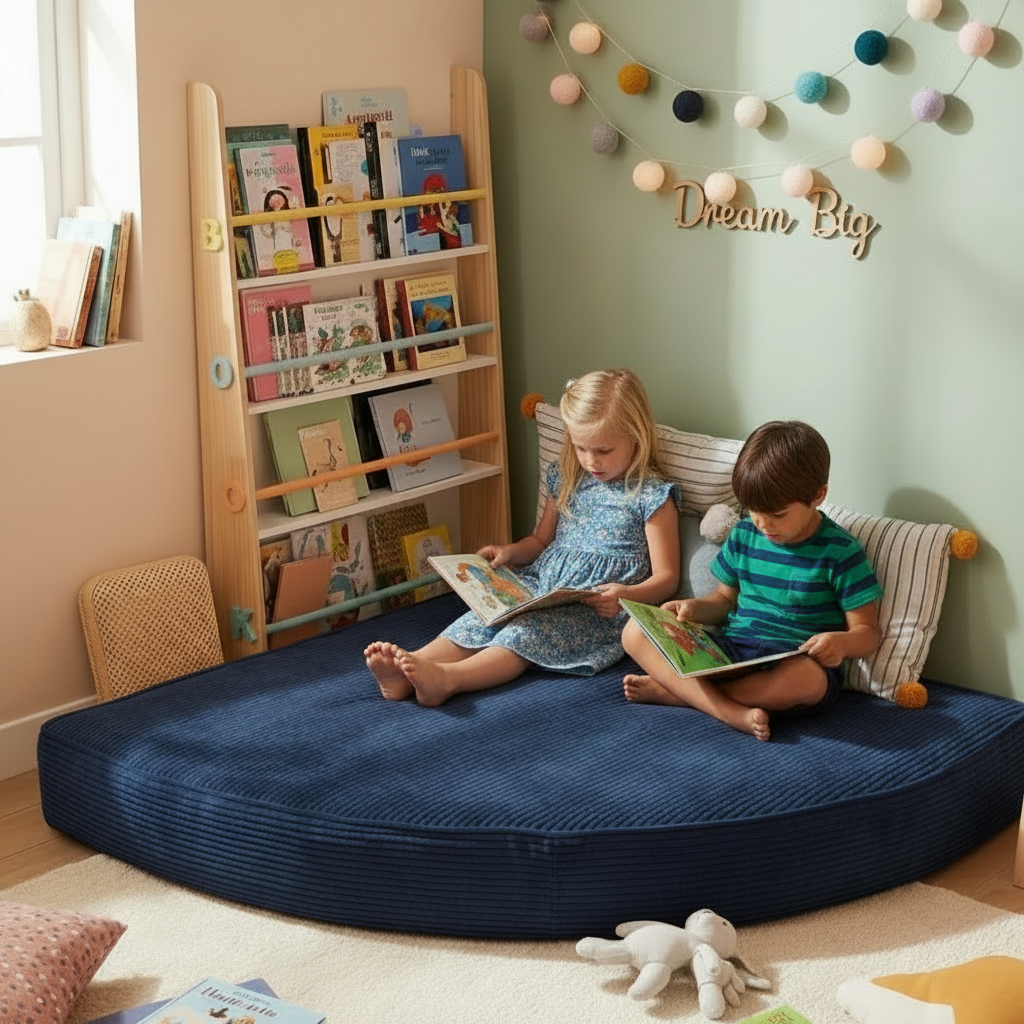 Kids reading on a blue corduroy corner cushion in a room 