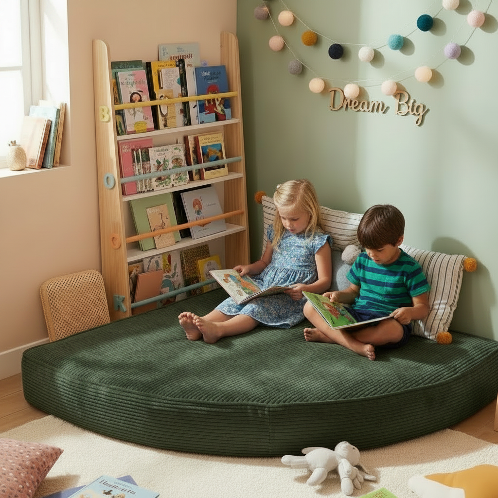 Kids reading on a green corduroy corner cushion in a room 