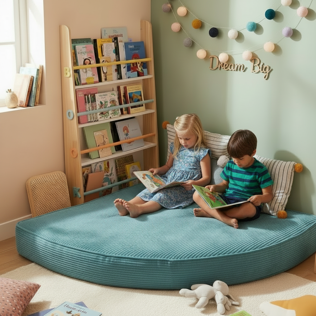 Kids reading on a sterling corduroy corner cushion in a room 