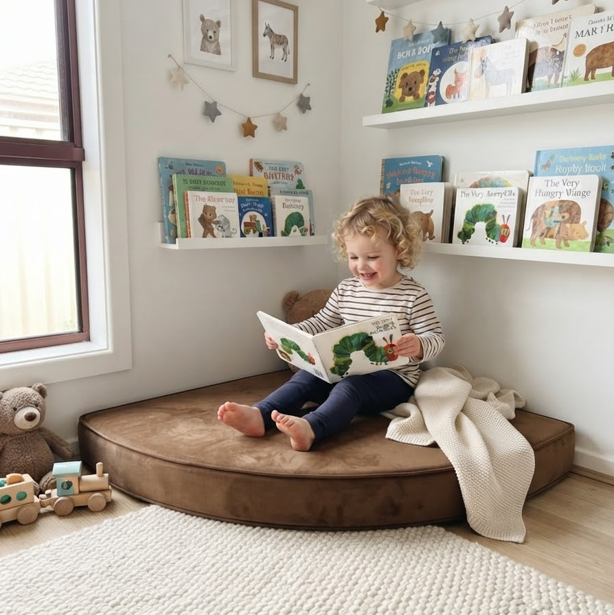 Toddler corner reading cushion with a toddler reading on it