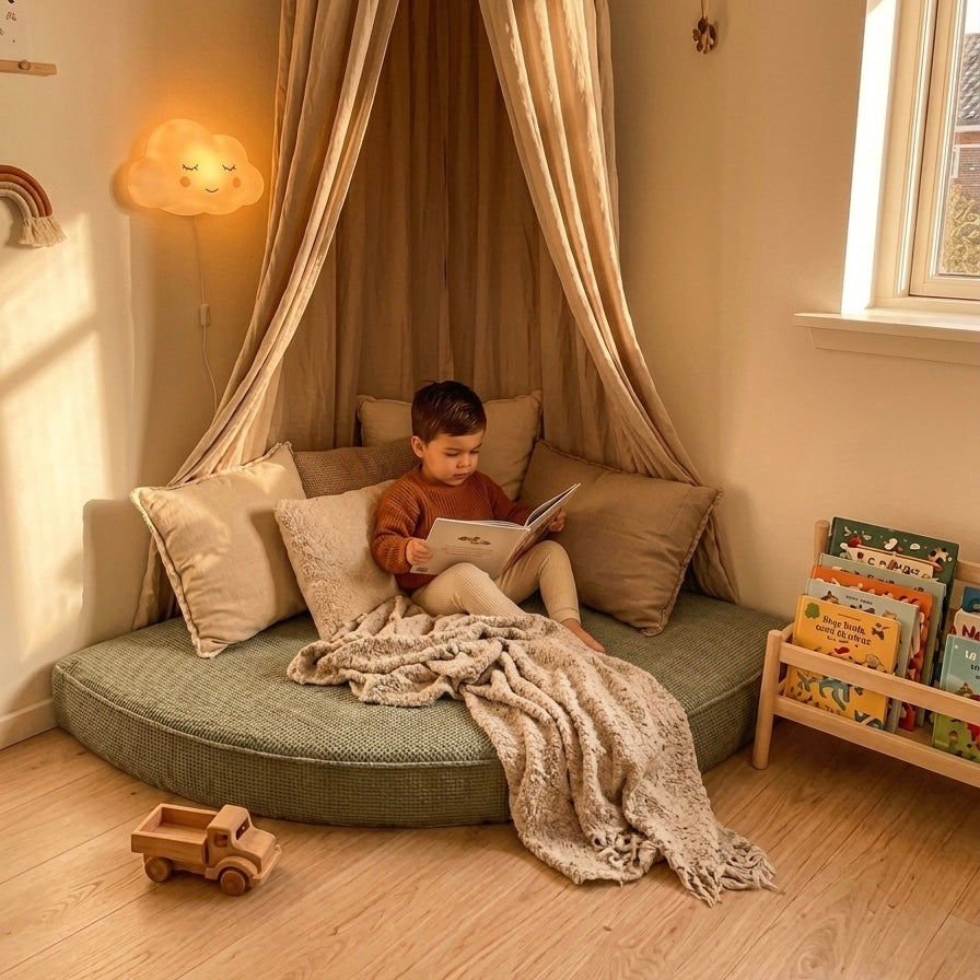 Toddler reading on a corner nook cushion with a canopy and scatter cushions