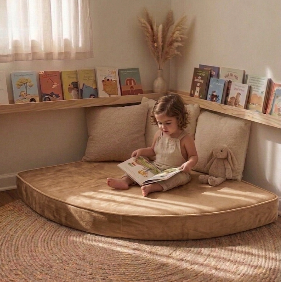Child reading a book on a cushioned reading nook with books and decor in the background.