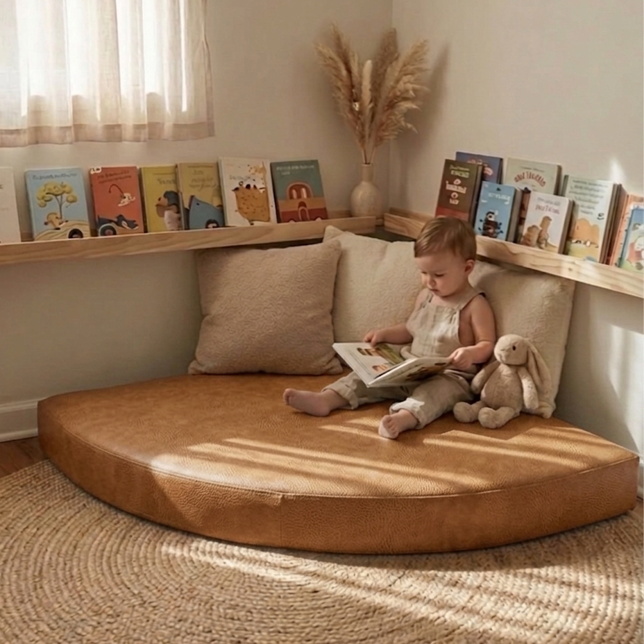 Child reading a book on a cushioned reading nook with books and decor around.