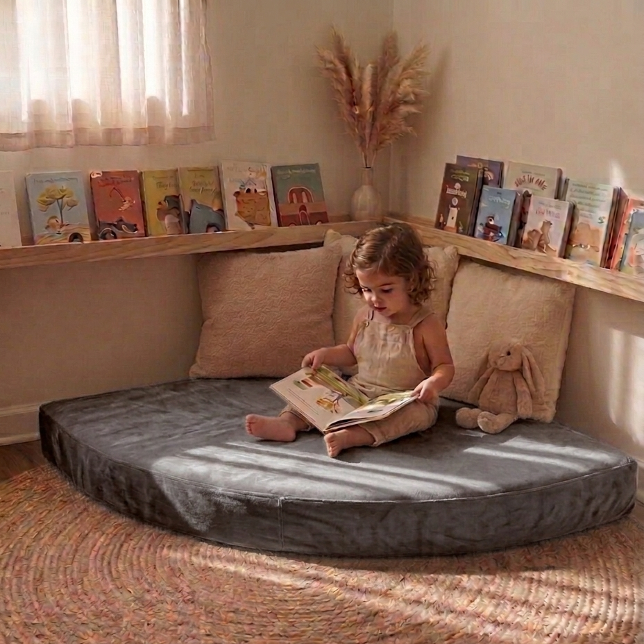 Child reading a book on a cushioned reading nook with books on shelves in the background.