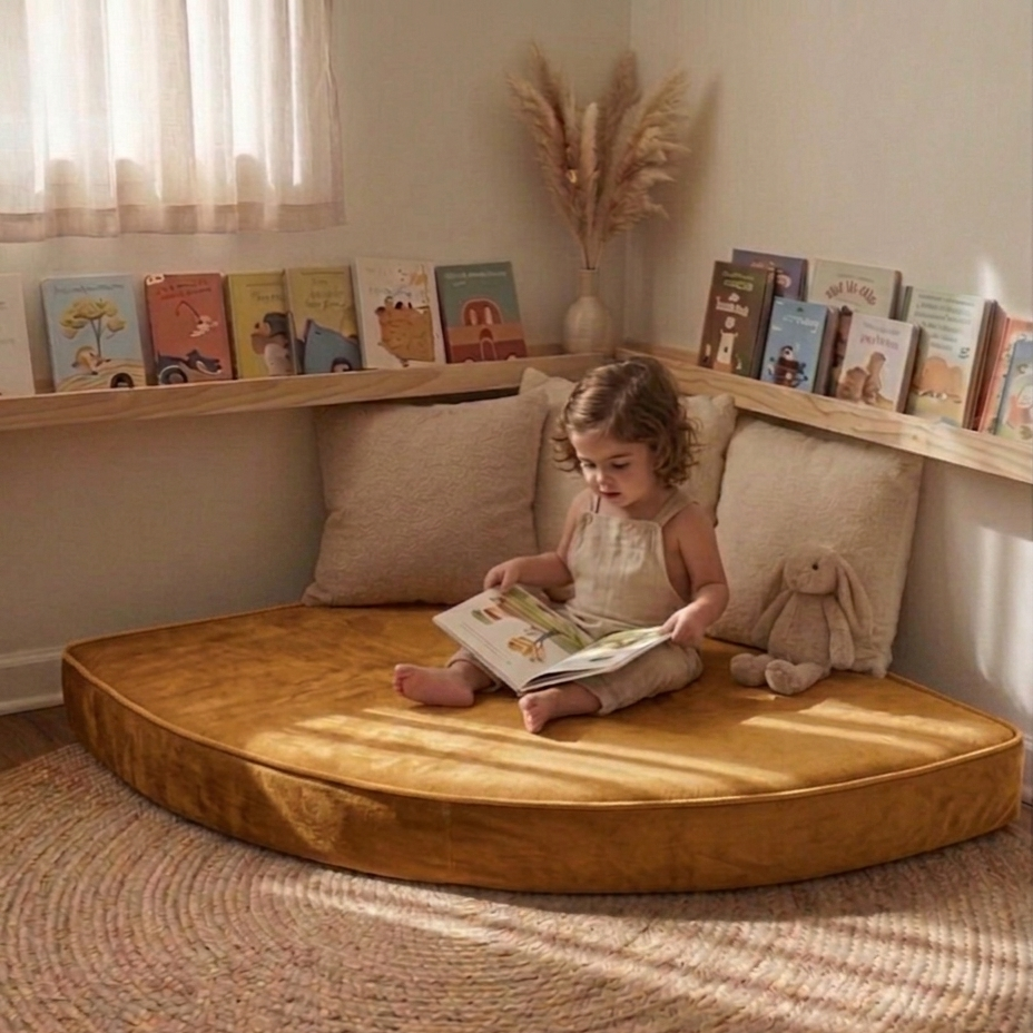 Child reading a book on a cushioned reading nook with books and a teddy bear in the background.