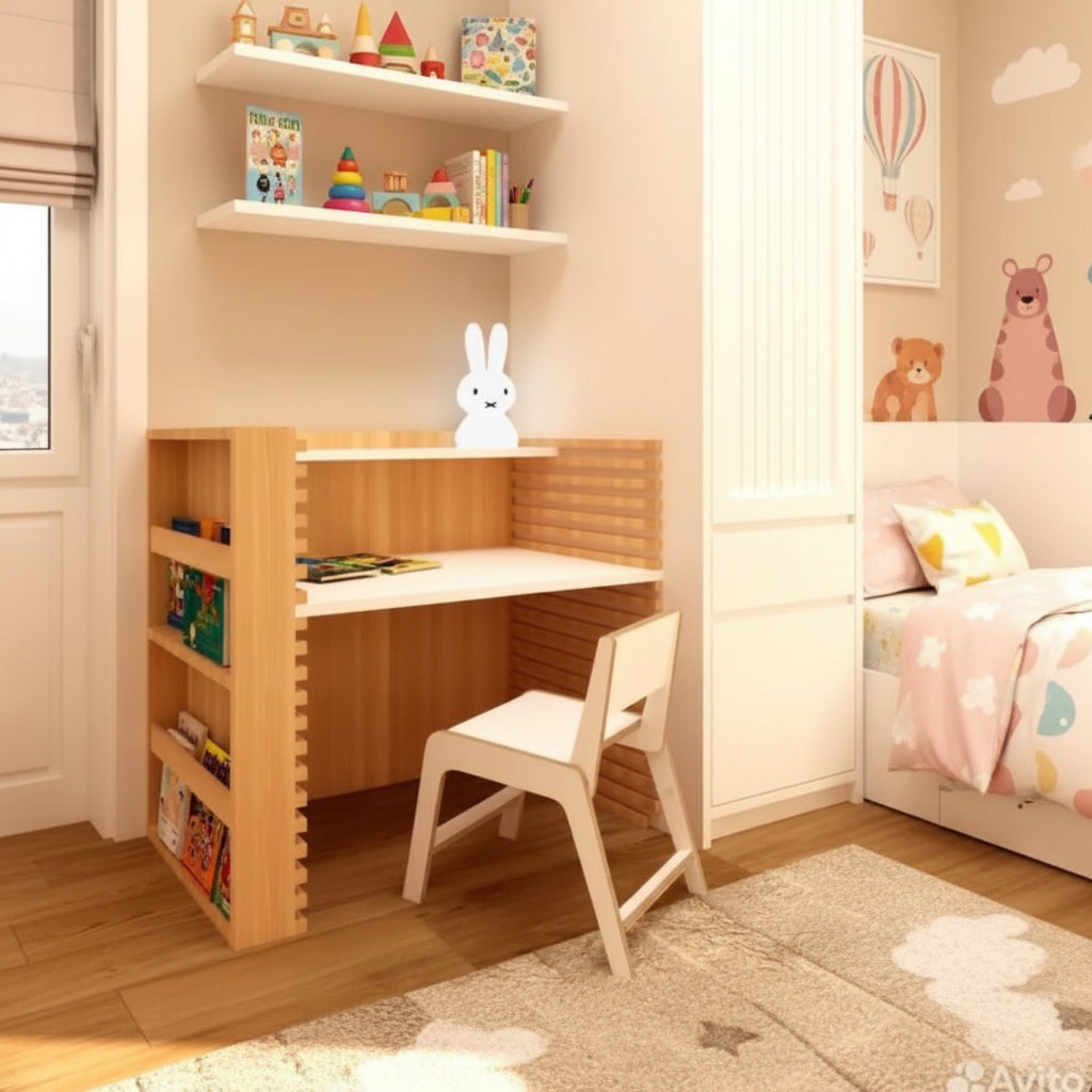 Wooden kids desk that has adjustable levels and wooden chair