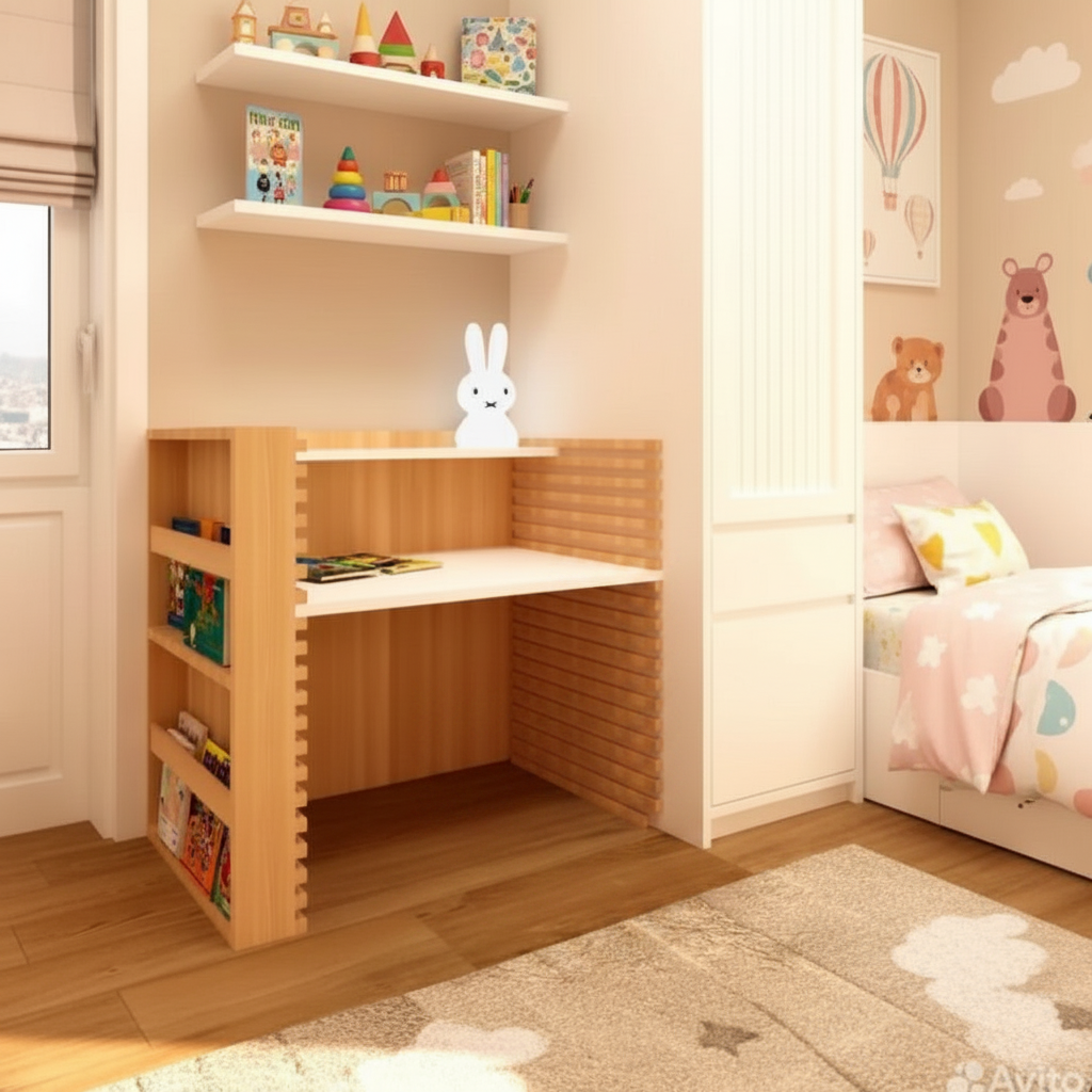 Wooden adjustable height kids desk in a girl room 
