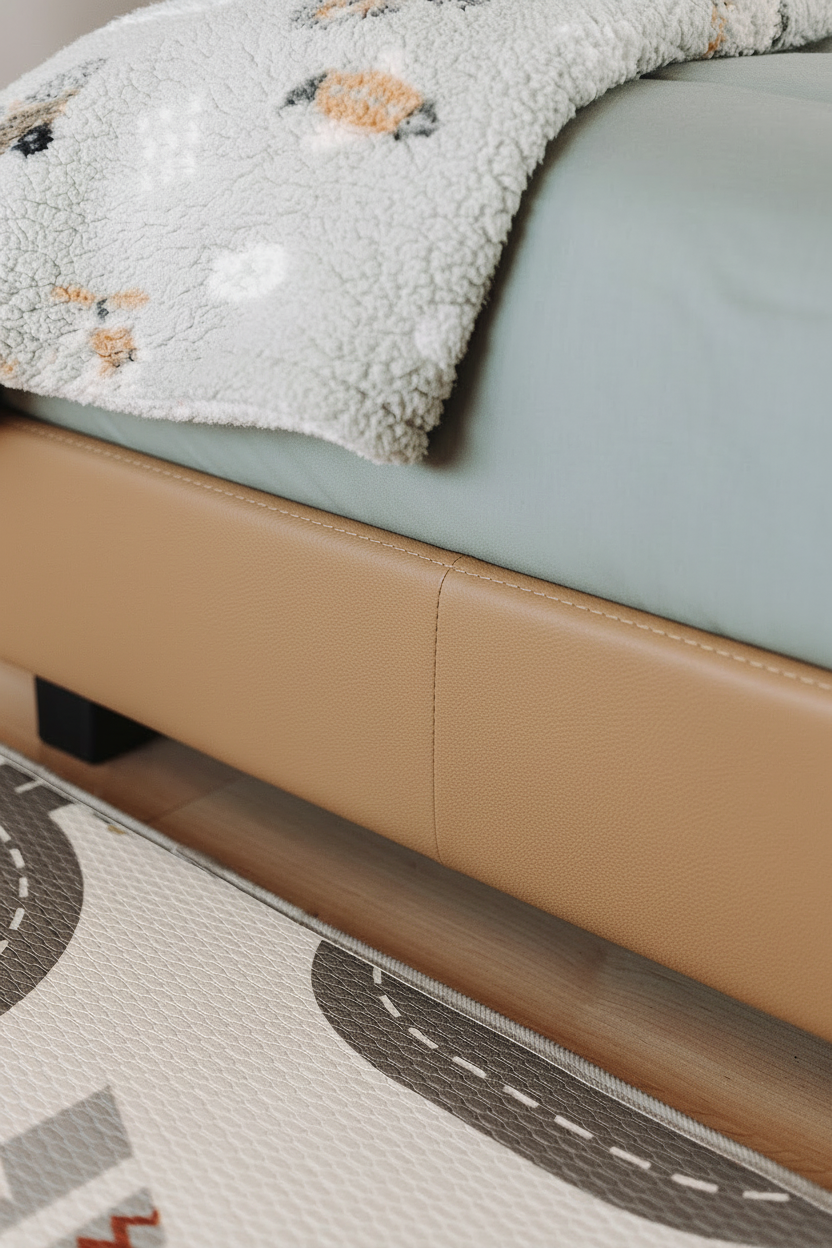 Close-up of a bed with a textured blanket and a rug on the floor.