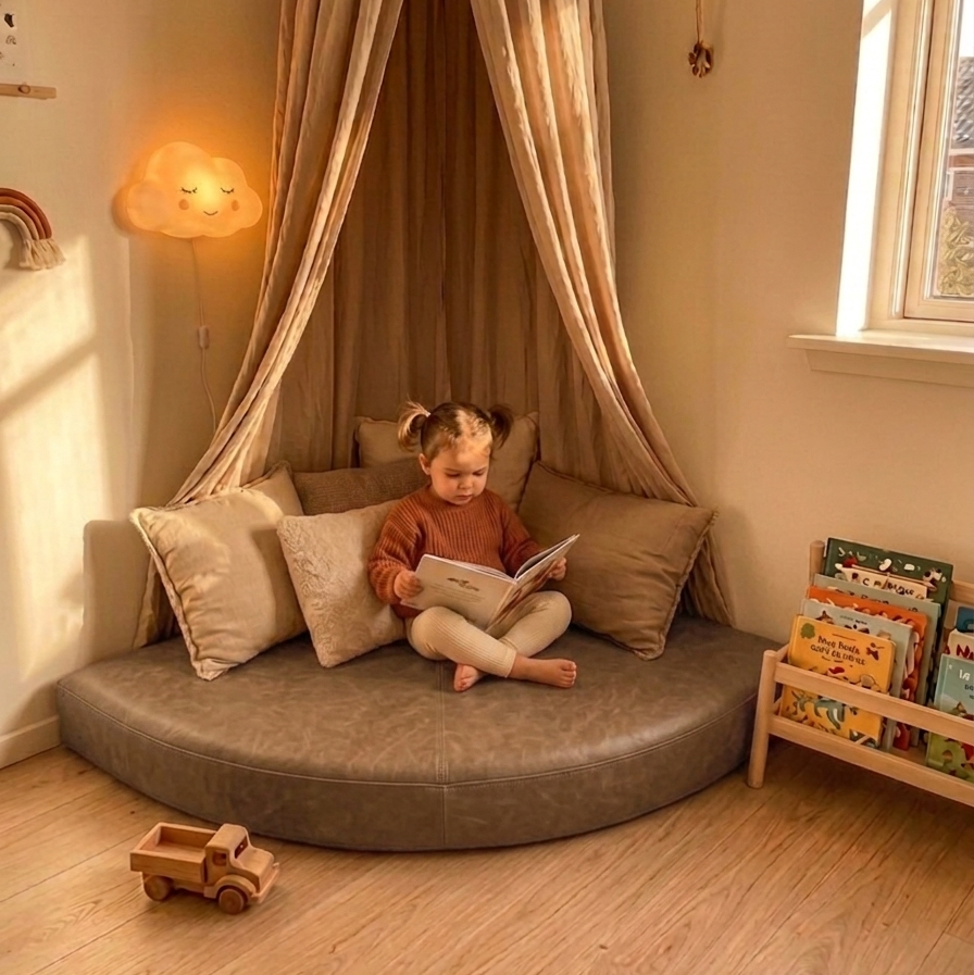 Child reading a book on a round cushioned seat with a canopy in a cozy room.