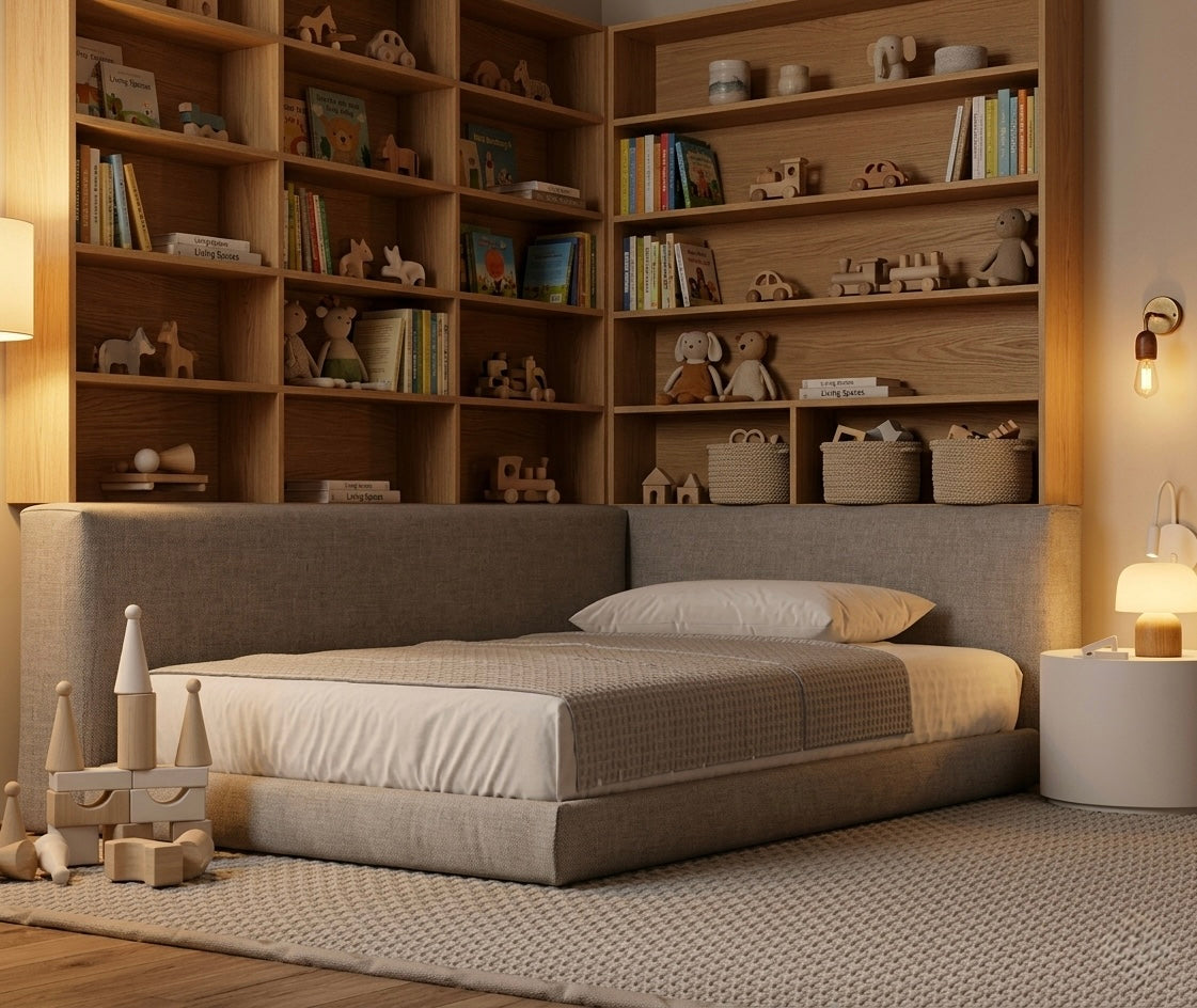 Bedroom with wooden bookshelves, bed, and decorative items.