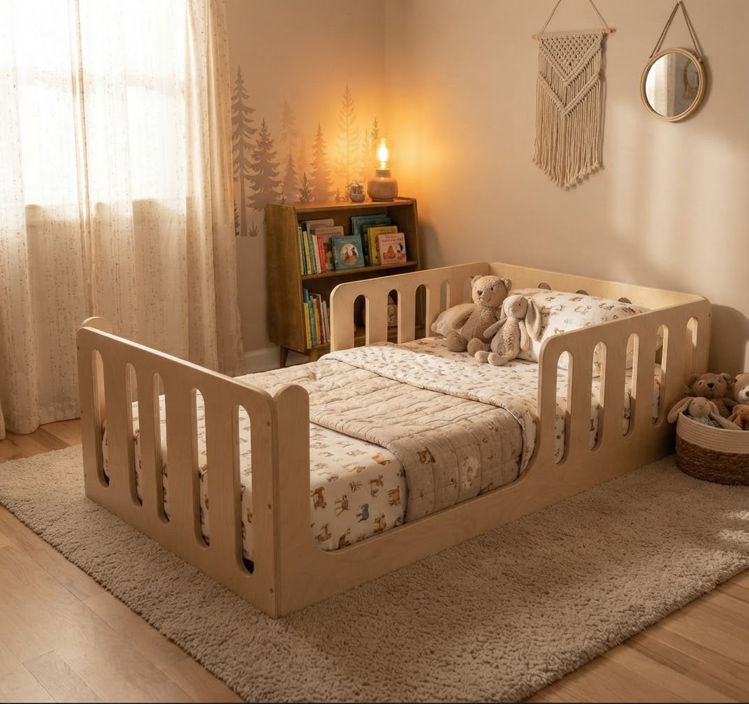 A light natural wood toddler bed with safety rails, styled in a warm, cozy children's bedroom with a patterned quilt, stuffed animals, a bookshelf, and a macrame wall hanging.