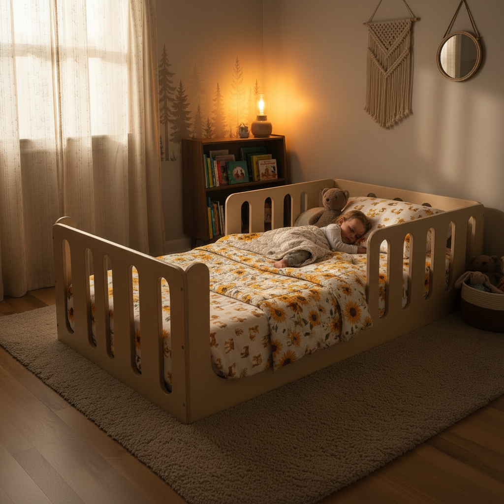 A child's wooden bed with a guard rail in a cozy, dimly lit nursery. A child is lying down under a patterned duvet, with a lit bedside lamp casting a warm glow on the wall and books on a shelf.