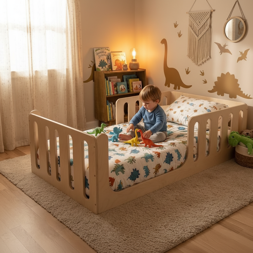 A toddler sits on a light wood toddler bed with dinosaur-print bedding in a warm, decorated children's bedroom. The room features dinosaur wall decals, a wooden bookshelf, and a cozy, warm ambient light.