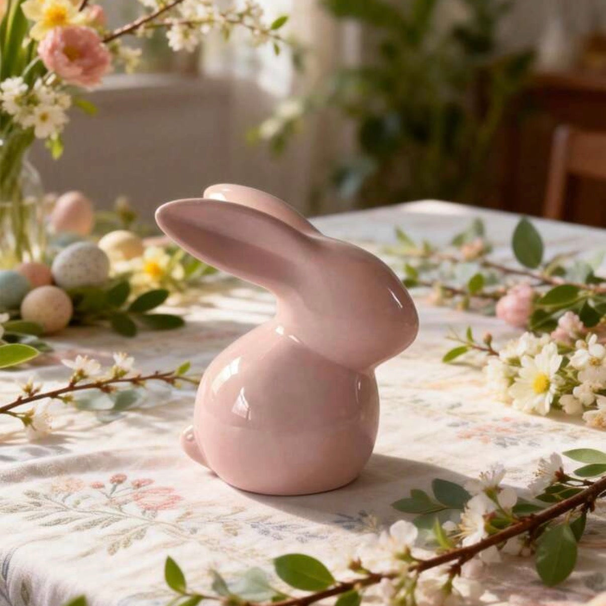 Pink ceramic bunny on a table with Easter decorations