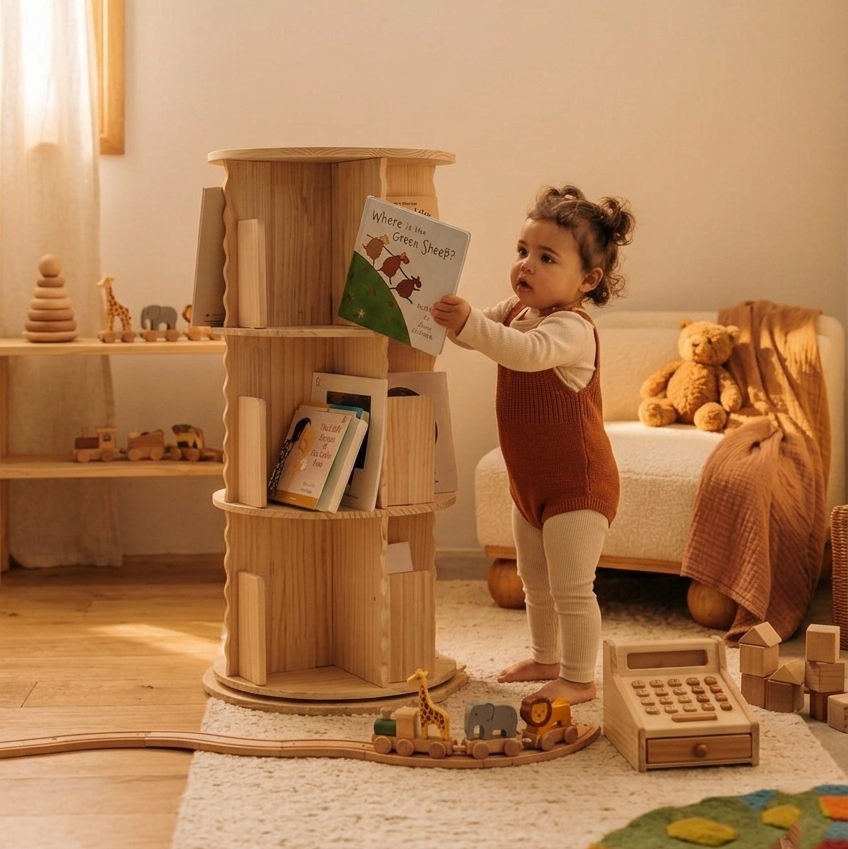 toddler choosing a book from a rotating book shelf