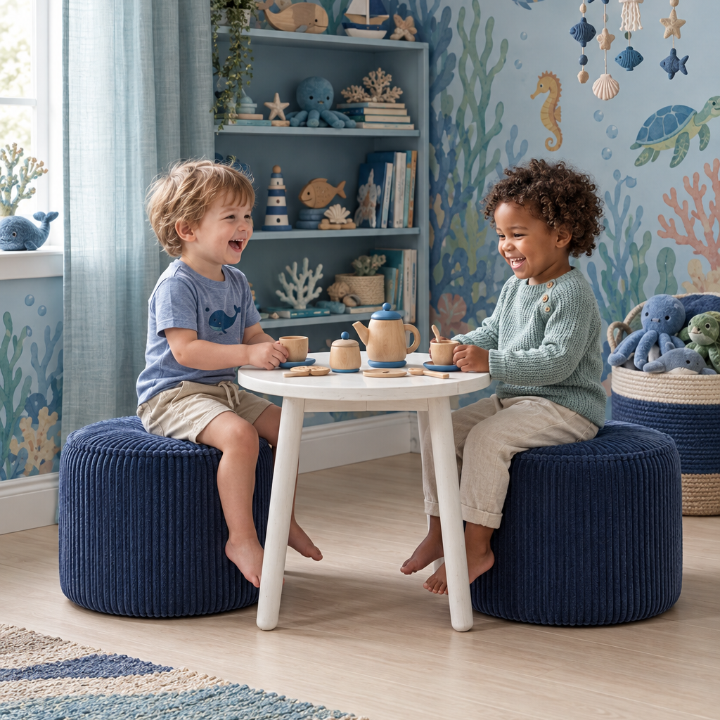 Two children sitting on navy blue corduroy poufs at a small white table in a decorated underwater-themed children's room.