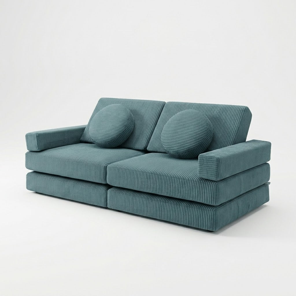Teal kids play sofa with round cushions on a white background