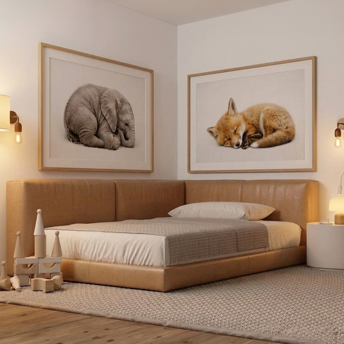 Bedroom with a brown leather bed, framed pictures of an elephant and a fox, and decorative items.