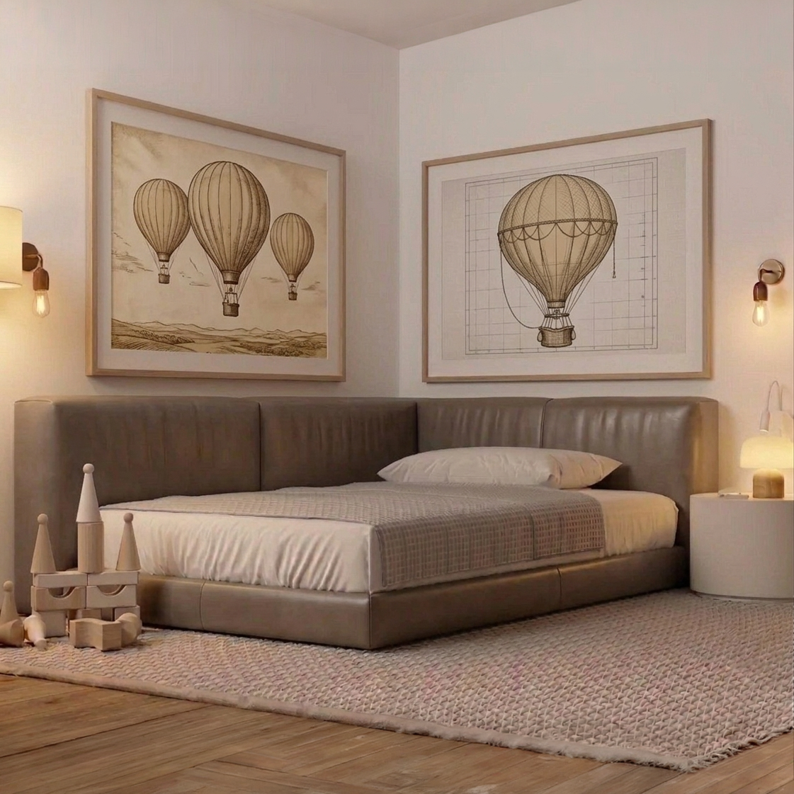 Bedroom with brown leather bed, framed hot air balloon art, and warm lighting.