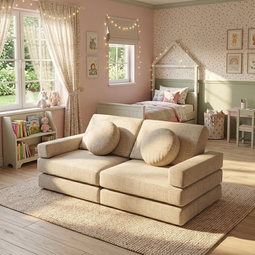 Children's room with beige play sofa, bed, and decorative elements.