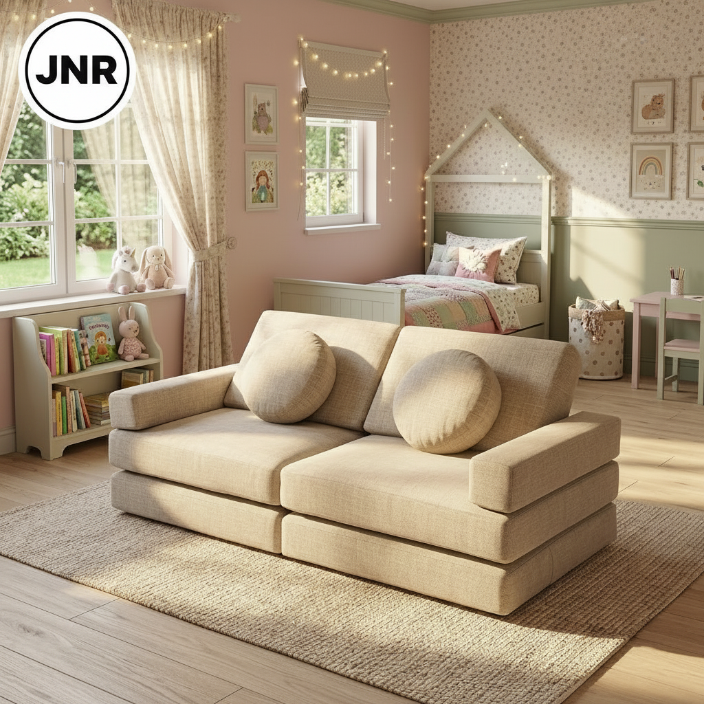 A beige upholstered two-seater sofa with two round matching throw pillows, shown in a styled children's bedroom. The room features soft pink walls, a house-shaped bed, a small bookshelf, and warm string lights.