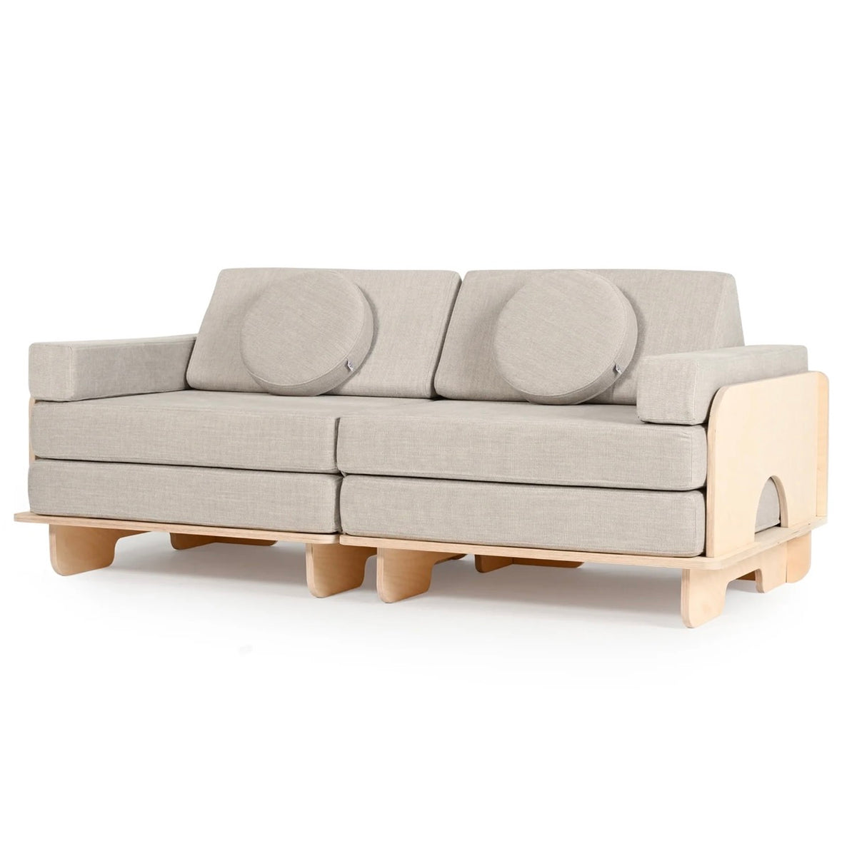 A modern two-seater play couch with light beige textured fabric cushions and a natural light wood frame and base, shown on a plain white background.